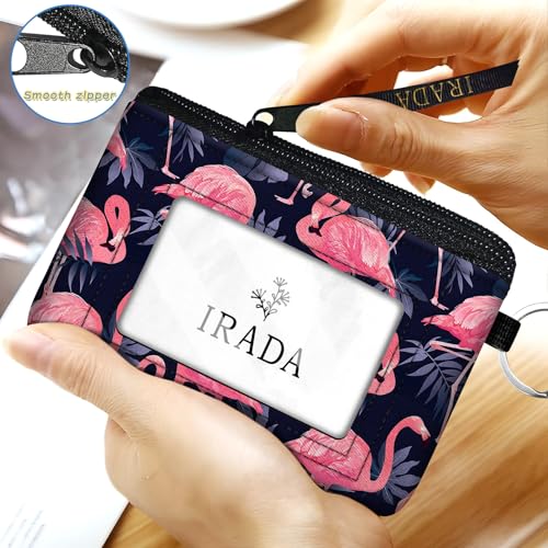 IRADA ID Case Wallet Keychain with Clear ID Window Zipper Cute Coin Purse for Women Water Resistant Small Coin Pouch-Flamingo Keychain Wallet - color: Flamingo-Keychain Wallet