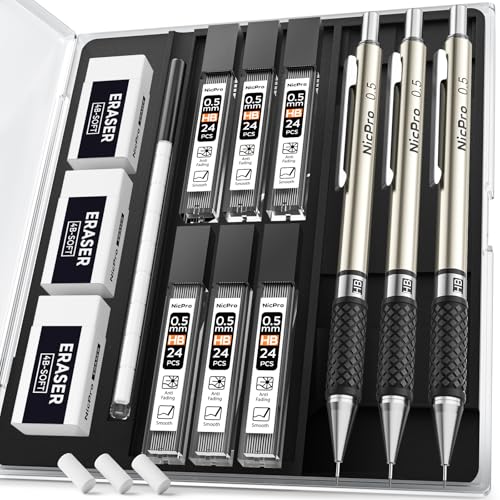 Nicpro 0.5 mm Art Mechanical Pencil Set in Storage Case, 3 PCS - style: 3 Pack (0.5mm)