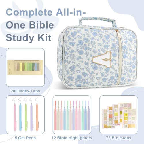 Personalized Initial Bible Cover Case for Women Girls Kid - Large Quilted Bible Case with Handle,Chenille Letter Bag Study Supplies,Christmas Gifts for Christians Birthday Graduation(Blue Flower-V) - color: Blue Flower, size: letter-V