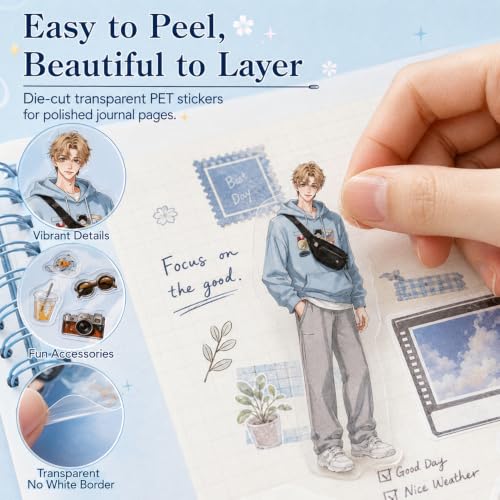 Men Character Sticker Book for Journaling, 50 Sheets PET Stickers - color: 50 Sheets Men Sticker Book