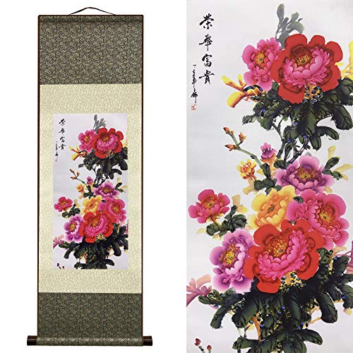 AtfArt Silk Scroll Painting, Asian Wall Art, Flower, 36.2x12in - color: C4