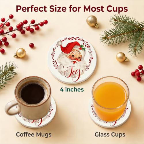 Nikyi 6 Pcs Christmas Red Santa Ceramic Absorbent Coasters, Round Drink Coaster with Metal Holder and Cork Base, for Coffee Table Kitchen Bedroom Living Office Desk Home Decor - color: Red Santa Claus