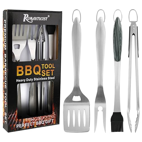 ROMANTICIST 4pc Heavy Duty Grill Accessories for Top Chef - Professional Grill Tools Set & Basic BBQ Tools for Backyard Restaurant Outdoor Kitchen - Deluxe Grill Gift for Dad on Father’s Day Christmas - color: Gray