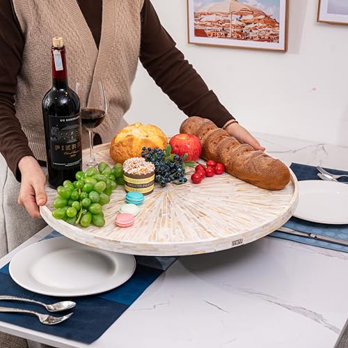 PEMAR 22" Round Mother of Pearl Extra Large Ottoman Tray with Raised Edge, Oversized Decorative Luxury Wooden Serving Tray for Food, Coffee Table, Breakfast in Bed (White Cream Sunlight) - color: White Cream Starburst Sunlight