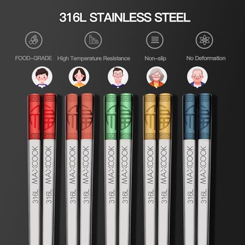 Metal Chopsticks, 5 Pairs 316L Stainless Steel Chopstick 9.25 Inch - size: 316L Stainless Steel Reusable Chopsticks