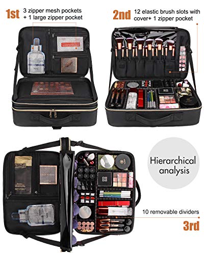 Relavel Makeup Case Large Makeup Bag Professional Train Case 16.5 inches Travel Cosmetic Organizer Brush Holder Waterproof Makeup Artist Storage Box, 3 Layer Large Capacity, with Adjustable Strap - color: Black Leather, size: Large