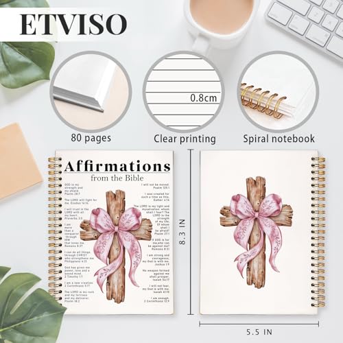 ETVISO Pink Bow Spiral Bible Notebook for Note Taking, Affirmations from the Bible Christian Gifts for Women Girls, Bible Study Supplies Journal, Cute Preppy Hardcover Spiral Notebooks 5.5 x 8.3 - color: 01-Bible(Affirmations from the Bible)