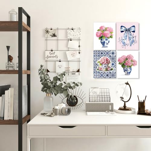 LUKIPOM Pink Chinoiserie Hydrangea Wall Art Poster, Coquette Blue Bow Grandmillennial Floral Wall Decor Gifts for Women Teen Girls Home Bedroom Living Room，8x12inin Set of 4 Unframed - color: Color 010