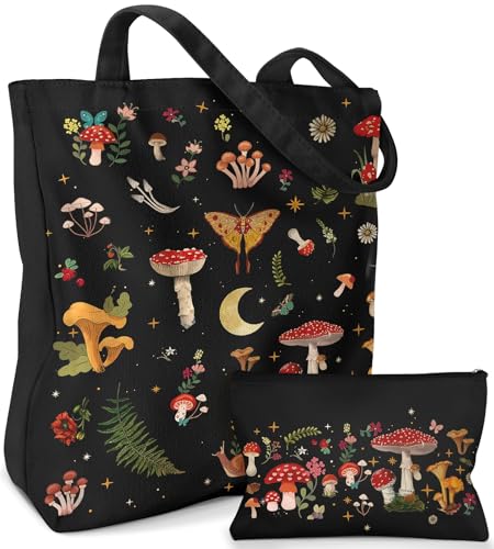 Miss Adola Canvas Tote Bag with Matching Makeup Pouch - color: Black Mushroom