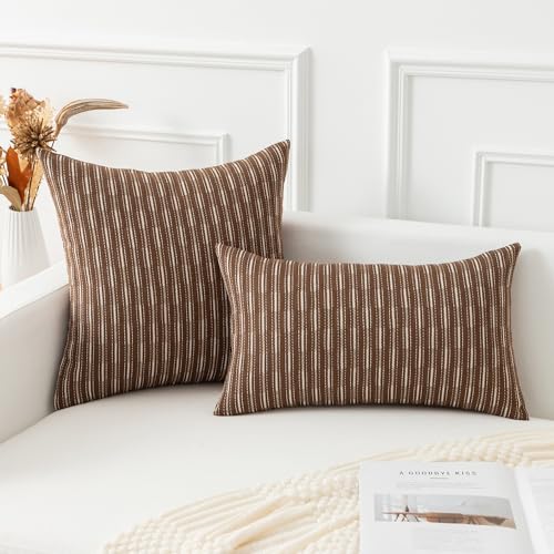 Kevin Textile Pillow Covers, Square Throw Pillow Covers Set of 2, Boho Woven Texture Linen Decorative Burlap Pillow Cases for Couch Bedroom Living Room, 18x18 inch, Brown - color: A-brown, size: 18" x 18" (Pack of 2)