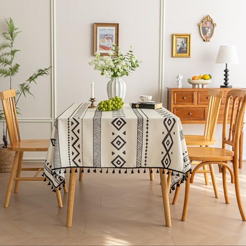 Handblock Print Tablecloth for Square Tables, Black Geometry Table Cover with Fringed Edges, Decorative Tablecloth for Kitchen and Dining Room,59"x 59" - color: Geometry, size: 59" x 59" (Square)