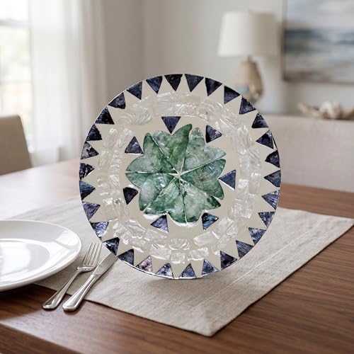 7.5" Mother of Pearl Shell Placemat, Round Decorative Charger Plate - color: Toothed green leaves