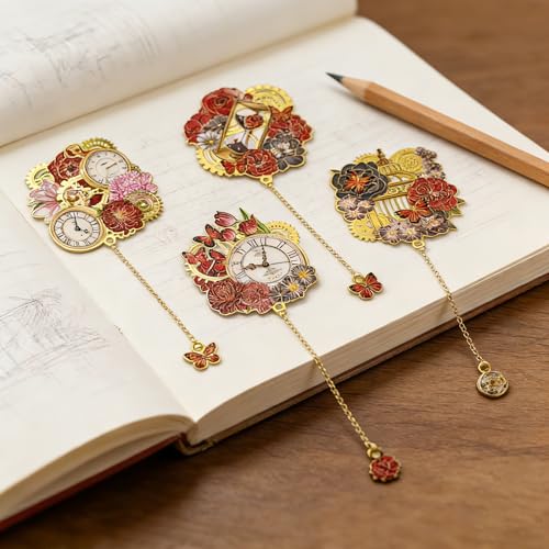 4 PCS Vintage Metal Bookmarks, Steampunk Book Mark with Clock&Flower Pendant for Book Lovers, Students, Teachers, Writers - Unique Reading Gift for Birthday, Graduation, Christmas - style: 4Pcs Rose Time