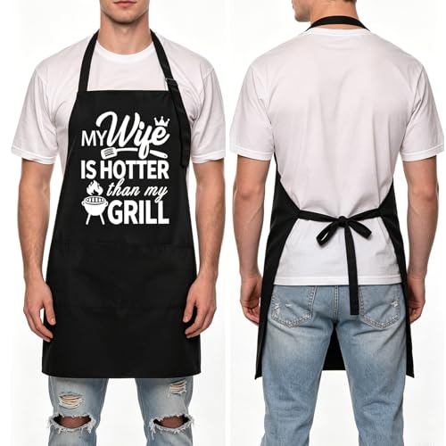Rosoz Funny BBQ Black Chef Aprons for Men Adjustable Kitchen Cooking Aprons - color: My Wife is Hotter Than My Grill