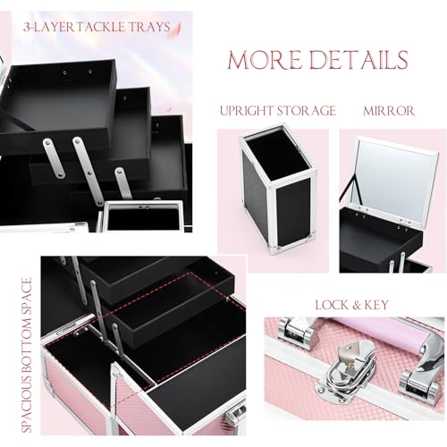 Joligrace 3-Tray Makeup Case with Mirror & Brush Holder, 11.6" Mermaid Pink - color: Pink Mermaid