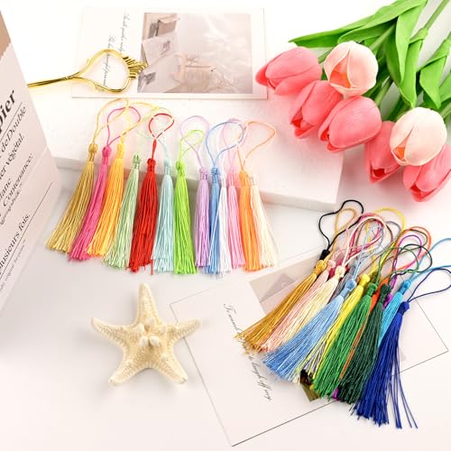 NACHLYNN 120 Pcs Bookmark Tassels Bulk 13cm/5 Inch 30 Colors Silky Handmade Soft Craft Mini Tassels for Jewelry Keychain Making with Loops for Dress Decoration DIY Craft Accessory - color: 30 Colors