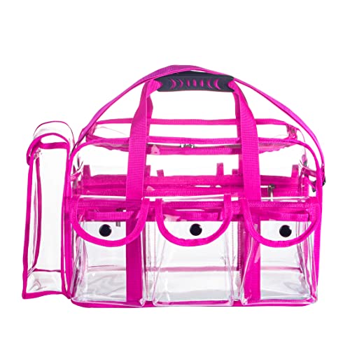 Wide Opening Large Professional Clear PVC Travel Makeup Artist Set Bag Cosmetic Nails Beauty Bags Transparent Vinyl Tool Organizer Beach Bags Diaper Bag with 6 External Pockets & Strap (Pink) - color: Pink