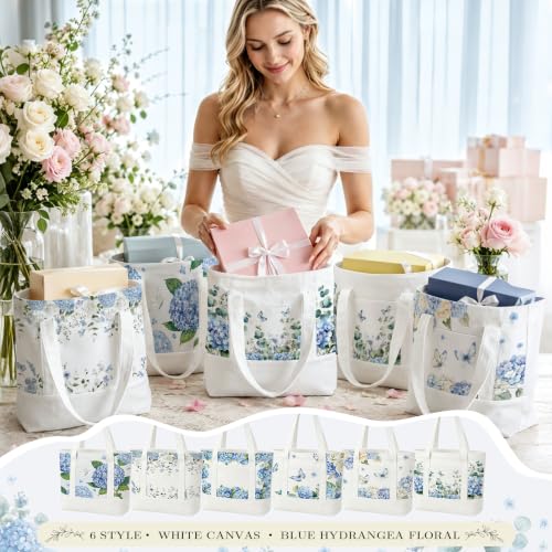 6 Pcs Mini Floral Bow Tote Bags for Women White Canvas Tote Bag Bulk Reusable Coquette Bags for Wedding Party Favor - color: Blue Hydrangea