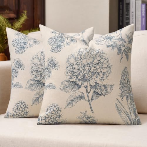 Kevin Textile Hydrangea Floral Pillow Covers Set of 2 18x18 Inch, Blue - color: Blue