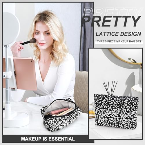 EIMMBD Makeup Bag 3 Pieces Large Capacity Cosmetic Bags Travel Toiletry Bag Organizer Cute Makeup Pouch Storage for Women(Black White) - color: Black White