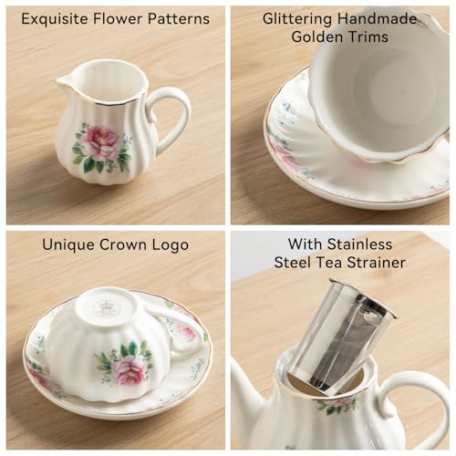 Sweejar Porcelain Tea Sets British Royal Series, 8 OZ Cups & Saucer Service for 6, with Teapot Sugar Bowl Cream Pitcher Teaspoons and Tea Strainer, Suitable for High Tea, Wedding, Party(Blush Pink) - color: Blush Pink
