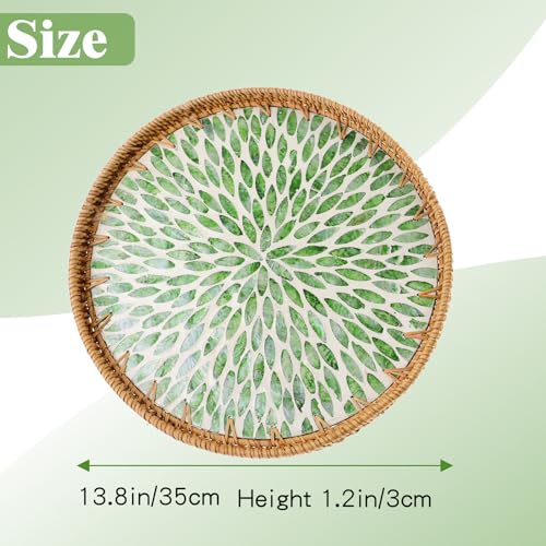 13.8" Round Mother of Pearl Inlay Rattan Green Leaves Design Serving Tray - color: Green Leaves