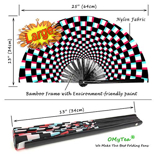 OMyTea Large Rave Clack Folding Hand Fan for Men/Women - Chinese Japanese Bamboo Handheld Fan - for EDM, Music Festival, Club, Event, Party, Dance, Performance, Decoration, Gift (Illusion Checkered) - color: Illusion Checkered