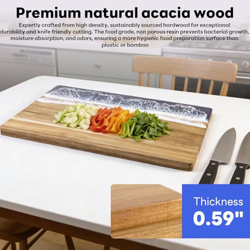 Ocean Resin Charcuterie Board, Acacia Wood & Resin Cutting Board, Decorative Serving Platter for Cheese, Fruit, Snacks, Beach Themed Kitchen Gift for Party, Holiday, Birthday（blue） - color: blue ocean