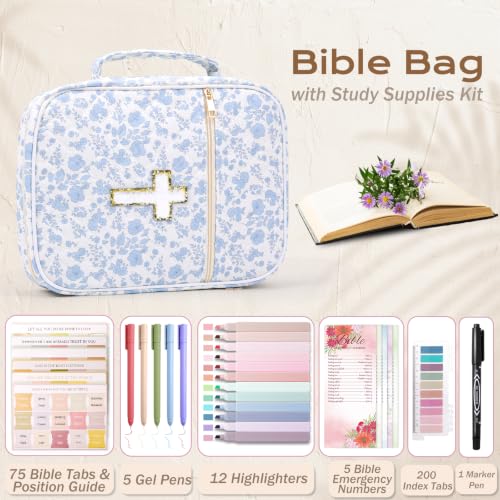 XKDOUS Bible Cover Case for Women Bible Bag Journaling Kit w/Study Supplies - color: Blue Rose With Cross, size: Large