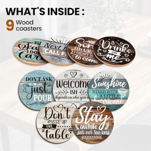 ANATTASOUL Funny Phrase Wooden Coasters Set of 9 Bulk(3.9") - style: Funny Phrase