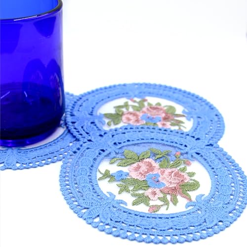 FITNXT 4.5'' 8pk Crocheted Flower Cloth doilies, Blue Vintage Inspired Coasters for Drinks, Rose Lace Tea Cup doilies for Tea, Home Decor, Wedding, Tabletop Decoration (Indigo), AMLS01 - color: Indigo