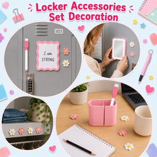 Pink Locker Accessories Kit Back to School Essentials Includes Locker Light up Mirror Magnetic Whiteboard Pen Holder Magnetic Flower Decoration and Organizing Supplies Backing for Girls