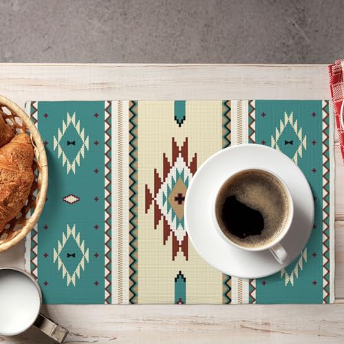 Aztec Washable Place Mats,Ethnic Southwestern Mexican Native Indian Green Placemats Set of 4 Linen Dinner Mats Kitchen Dining Room Party 12"x18" - color: Aztec 12, size: 12x18"Placemats x4