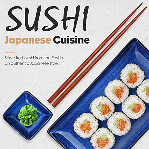 Ceramic Sushi Serving Tray Sets 2, 6 Pieces Japanese Style Porcelain Sushi Plate Set with Soy Sauce Dishes, Bamboo Chopsticks Housewarming Gift, Blue