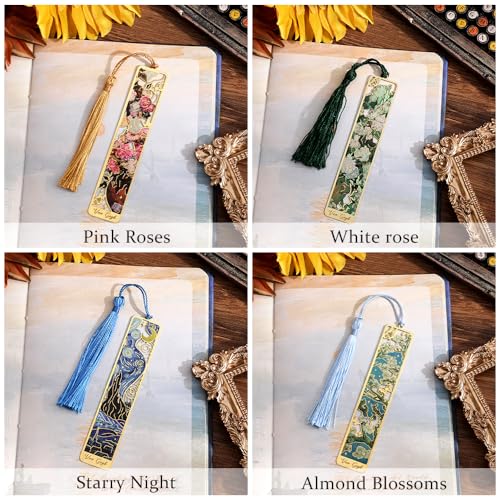 icceemee 4 Pieces of Gold Hollow Bookmarks with Tassels, Featuring Van Gogh and Monet Oil Painting Themes Perfect for Book Lovers, Writers, Readers, Children, Teenagers, Men, Women, and Adults - style: Oil Painting Theme Set of 4
