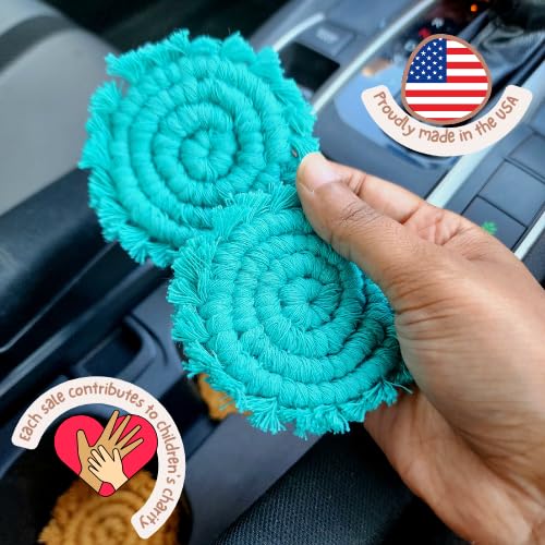 Cotton Car Coasters for Cup Holders, 2PC Car Cup Coasters, Drink Coaster Holder, Cute cupholder Coaster Accessories for Women, Macrame, Boho (Ocean Teal) - color: Ocean Teal