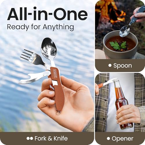 Orblue 4-in-1 Camping Eating Utensils, 2-Pack - Portable Spoon, Fork, Knife & Bottle Opener Combo Set - Stainless Steel Flatware with Detachable Fork - Travel, Backpacking Cutlery Multitool, Orange - color: 2-PACK Orangey Orange