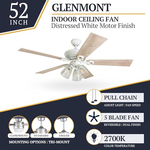 Prominence Home Glenmont 52 Inch Ceiling Fan with LED Light, Pull Chain Control, 5 Blades with Reversible Motor & Tri-Mount Options, Distressed White - color: White