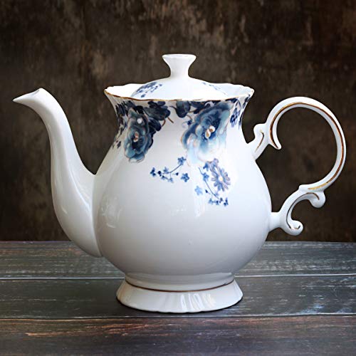 European Style Ceramic Flower Teapot Coffee Pot Water Pot Porcelain Gift Large 5.5 Cups (1, Blue and White) - color: Blue and White