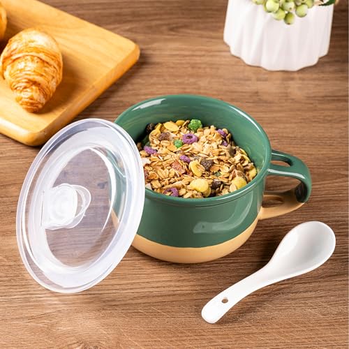 GBhome Ceramic Soup Mugs with Handles and Lids,24 OZ Soup Cups Set of 2 - color: Green&Purple