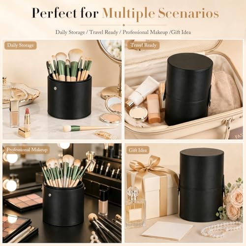 Portable Makeup Brush Holder with Lid - Elegant Pu Leather Makeup Bag Black Brush Organizer for Travel Compact Storage Bucket with Buckle Protective Lid, Easy to Clean, 7.9in X 5.19in
