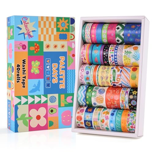 emmoolife 40 Rolls Washi Tape Set, Vibrant Color Palette-Themed Cute Decorative Tapes for Scrapbooking, Bullet Journaling, Junk Journal Supplies, DIY Planner Art, 5-30mm Wide - style: Colorful Palette
