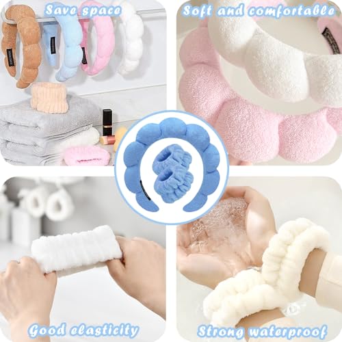Spa Headbands for Washing Face Wristband Set Sponge Makeup Skincare Headband Wrist Towels Bubble Soft Terry Towel Cloth Hairband for Women Puffy Headwear Non Slip Thick Thin Hair Headwear (Dark blue) - color: Dark blue