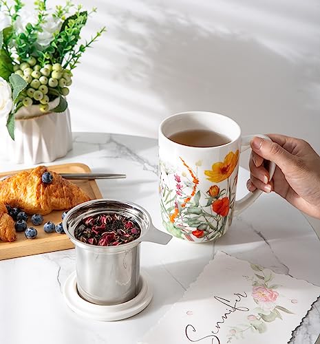 AmorArc Tea Cup With Infuser and Lid, 18oz Loose Leaf Tea Mug With Steeper - color: Tulips