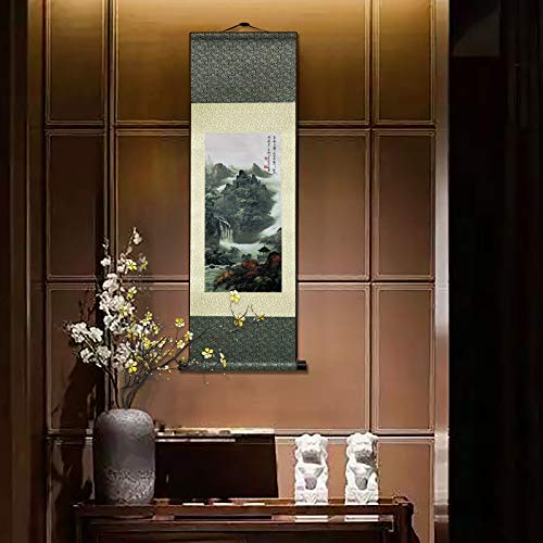 AtfArt Silk Scroll Painting, Asian Wall Art, Waterfall Landscape, 36.2x12in - color: A1