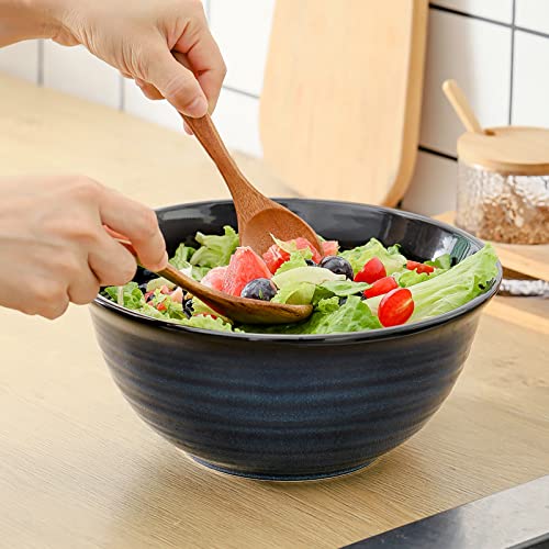 HASENSE Ceramic Serving Bowls, 9 Inch Large Salad Bowls for Kitchen, 84 Ounce Mixing Bowl Set of 2, Ideal for Soup Pho Pasta Popcorn, Dishwasher & Microwave Safe(Blue) - color: Blue, size: 84 Ounce