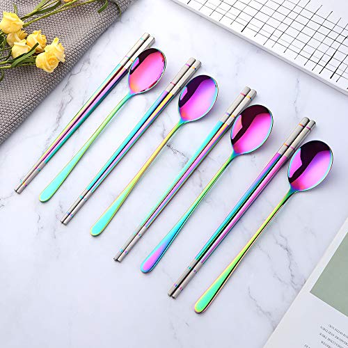 Buyer Star 4 Set Rainbow Square Chopsticks and Spoons Set Metal Stainless Steel Spoons Chopsticks Set - color: rainbow-square chopstick and spoon