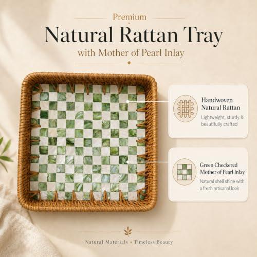 Handwoven Rattan Tray Set of 3 with Mother of Pearl Green Check Inlay - color: Green Check