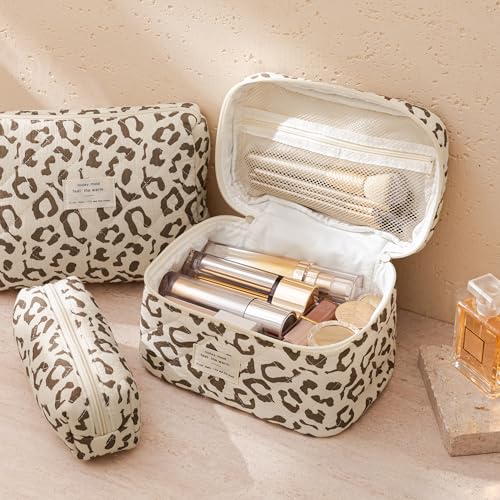 HBselect Quilted Makeup Bag, 3Pcs Cotton Large Travel Makeup Bags Organizer - color: A-3PCS-Floral 30