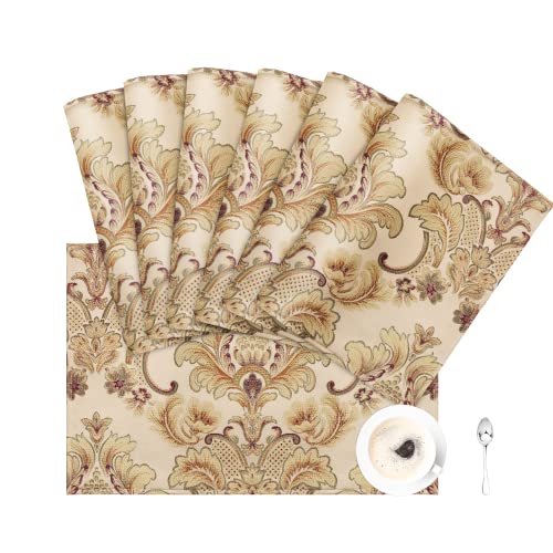 Loom and Mill Luxury Damask Floral Placemats Set of 6, Khaki, 12x18 in - color: Khaki, size: 6 Piece-12x18 inch
